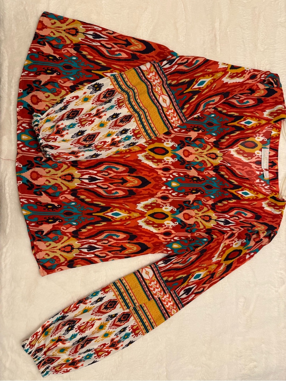 Belle by Kim Gravel Multicolor Ethnic Print Blouse - Red, Turquoise, Yellow